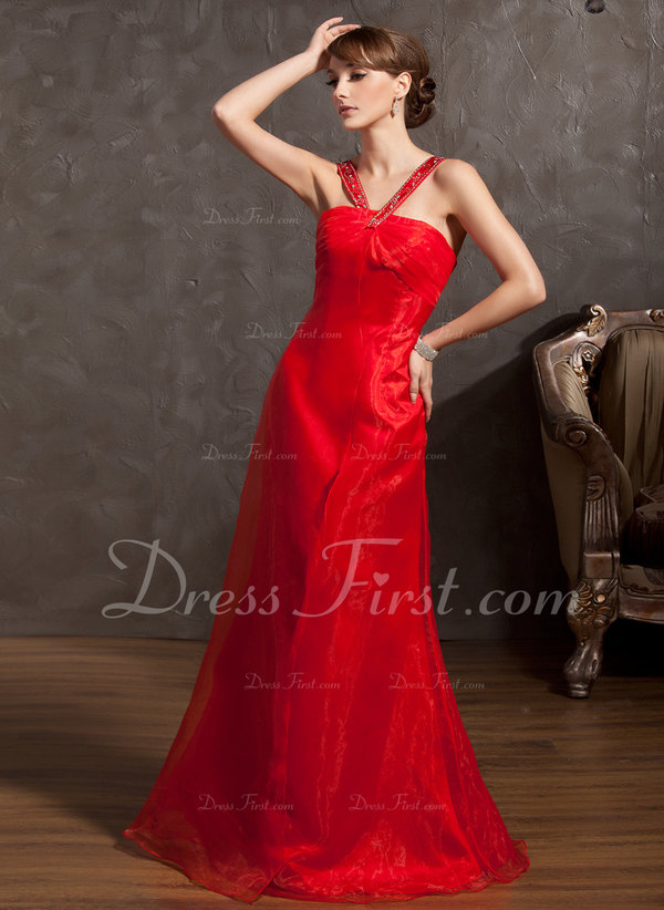 Empire Vneck FloorLength Organza Evening Dress With Beading
