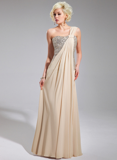 Linjeform En skuldret/asymmetrisk Gulv lengde Chiffon Palliet-belagt Festkjoler med Frynse (017019740)