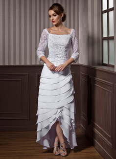 A-Line/Princess Square Neckline Asymmetrical Chiffon Wedding Dress With Ruffle Lace Beadwork (002012184)