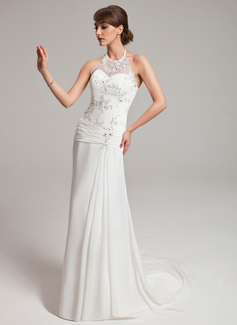 Sheath/Column Halter Watteau Train Chiffon Tulle Wedding Dress With Ruffle Lace Beadwork (002011453)
