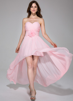 A-Line/Princess Sweetheart Asymmetrical Chiffon Holiday Dress With Ruffle Flower(s)