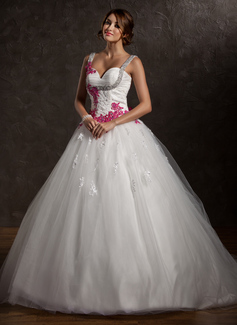 Ball-Gown Sweetheart Chapel Train Satin Tulle Wedding Dress With Ruffle Lace Sashes Appliques (002011413)