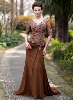 A-Line/Princess V-neck Sweep Train Chiffon Lace Mother of the Bride Dress With Ruffle Beading