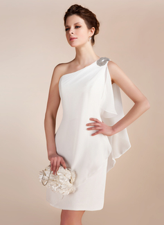 Sheath/Column One-Shoulder Knee-Length Chiffon Wedding Dress With Ruffle Beadwork (002011748)