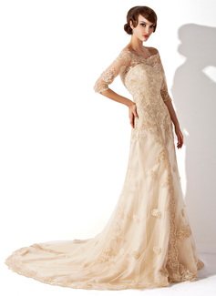 Sheath/Column Off-the-Shoulder Court Train Satin Tulle Wedding Dress With Lace (002011393)