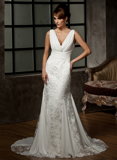 Mermaid V-neck Court Train Chiffon Tulle Wedding Dress With Ruffle Lace (002000583)