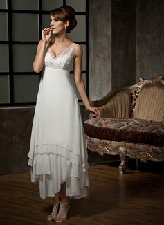 A-Line/Princess V-neck Ankle-Length Chiffon Tulle Wedding Dress With Lace (002012655)