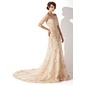 Sheath/Column Off-the-Shoulder Court Train Satin Tulle Wedding Dress With Lace (002011393)