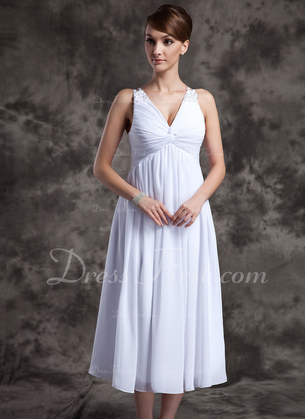 A-Line/Princess V-neck Tea-Length Chiffon Bridesmaid Dress With Ruffle ...
